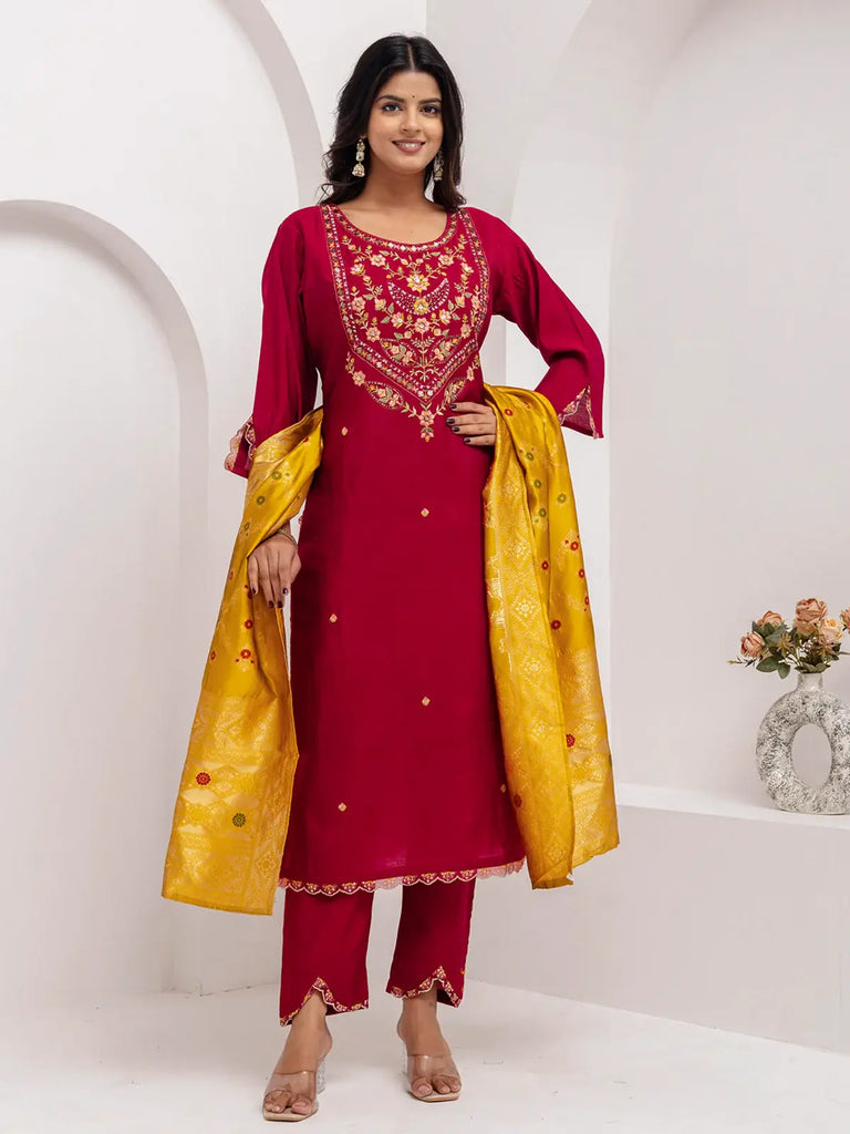 Fabulous Maroon Thread Embroidery Viscose Silk Traditional Pant Suit