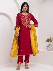 Fabulous Maroon Thread Embroidery Viscose Silk Traditional Pant Suit