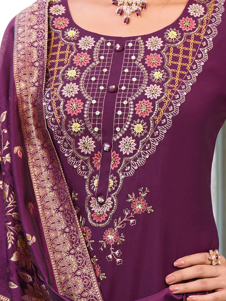 Dazzling Purple Hand Work Viscose Silk Pant Suit With Dupatta