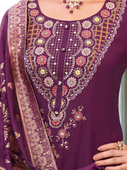 Dazzling Purple Hand Work Viscose Silk Pant Suit With Dupatta