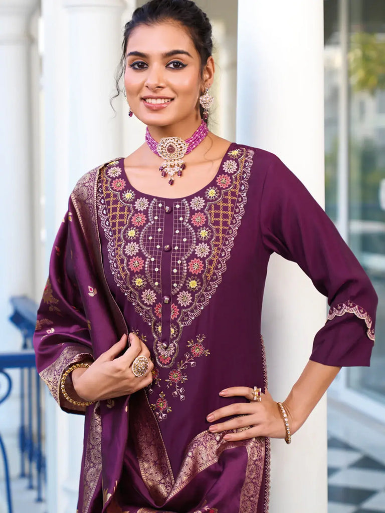 Dazzling Purple Hand Work Viscose Silk Pant Suit With Dupatta