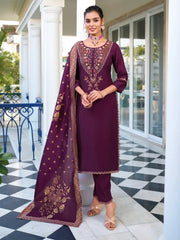 Dazzling Purple Hand Work Viscose Silk Pant Suit With Dupatta
