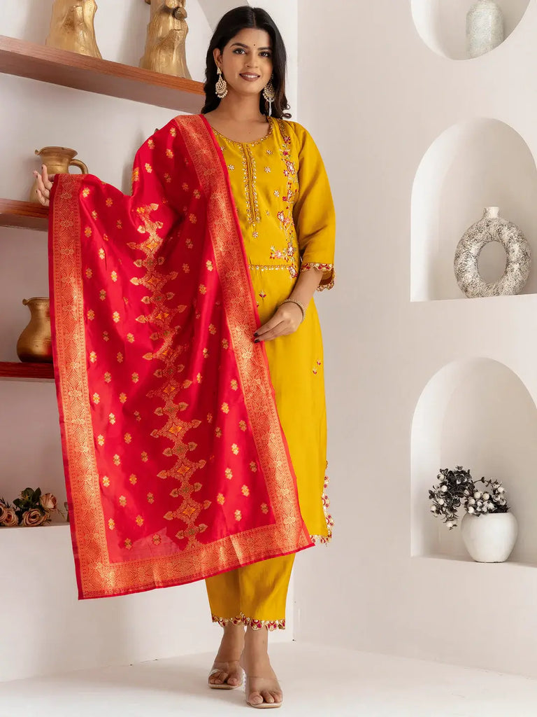 Impressive Yellow Thread Work Viscose Silk Haldi Wear Pant Suit