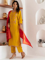 Impressive Yellow Thread Work Viscose Silk Haldi Wear Pant Suit