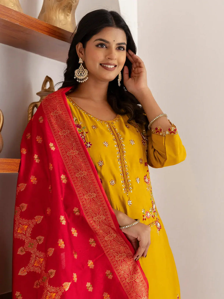 Impressive Yellow Thread Work Viscose Silk Haldi Wear Pant Suit