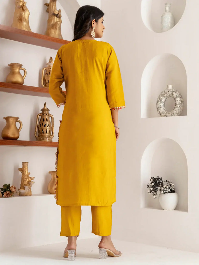 Impressive Yellow Thread Work Viscose Silk Haldi Wear Pant Suit