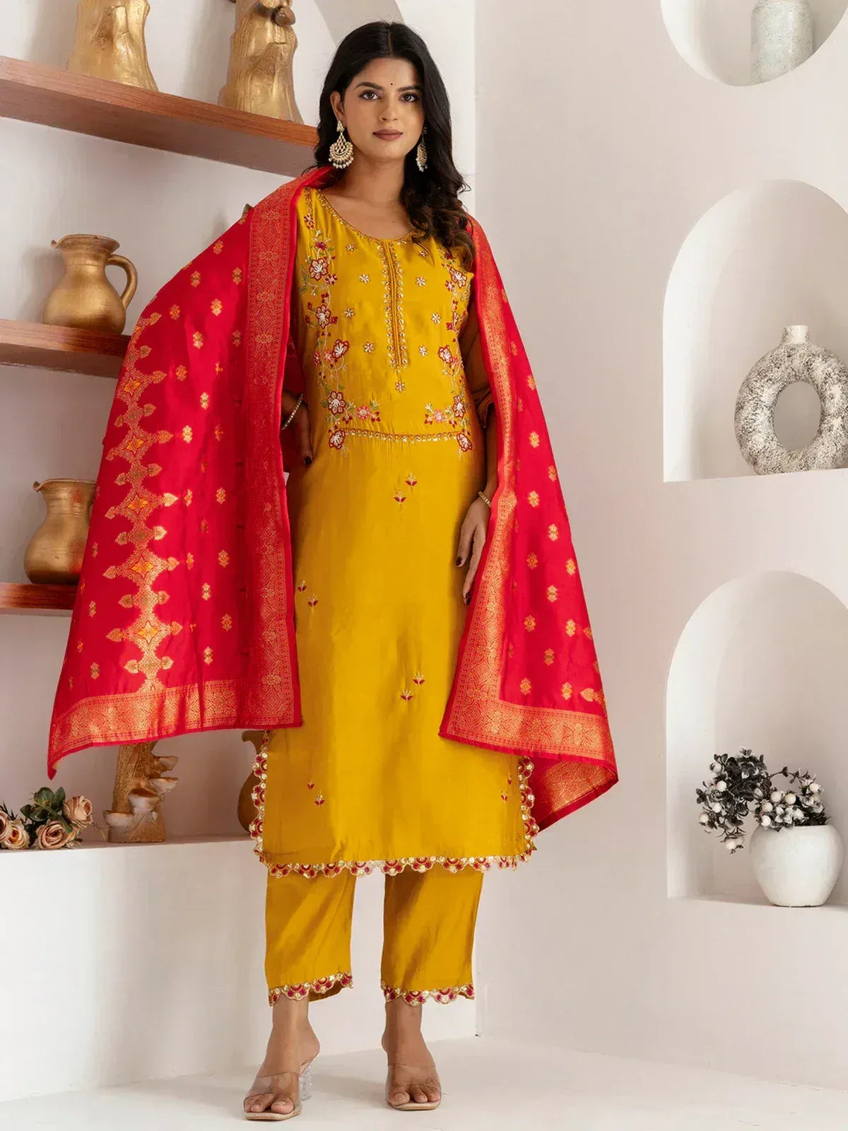Impressive Yellow Thread Work Viscose Silk Haldi Wear Pant Suit