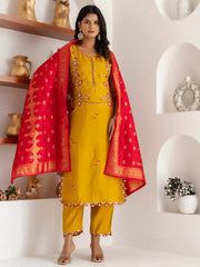 Impressive Yellow Thread Work Viscose Silk Haldi Wear Pant Suit