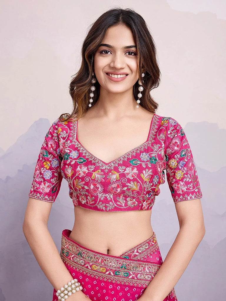 Pretty Pink Georgette Bandhani Printed Saree With Blouse