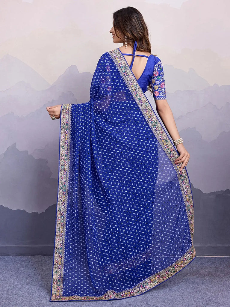 Artistic Royal Blue Bandhani Print Georgette Saree With Blouse