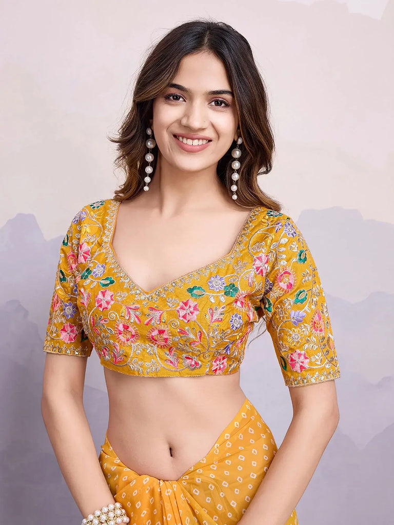 Chic Yellow Bandhani Printed Haldi Wear Saree With Blouse