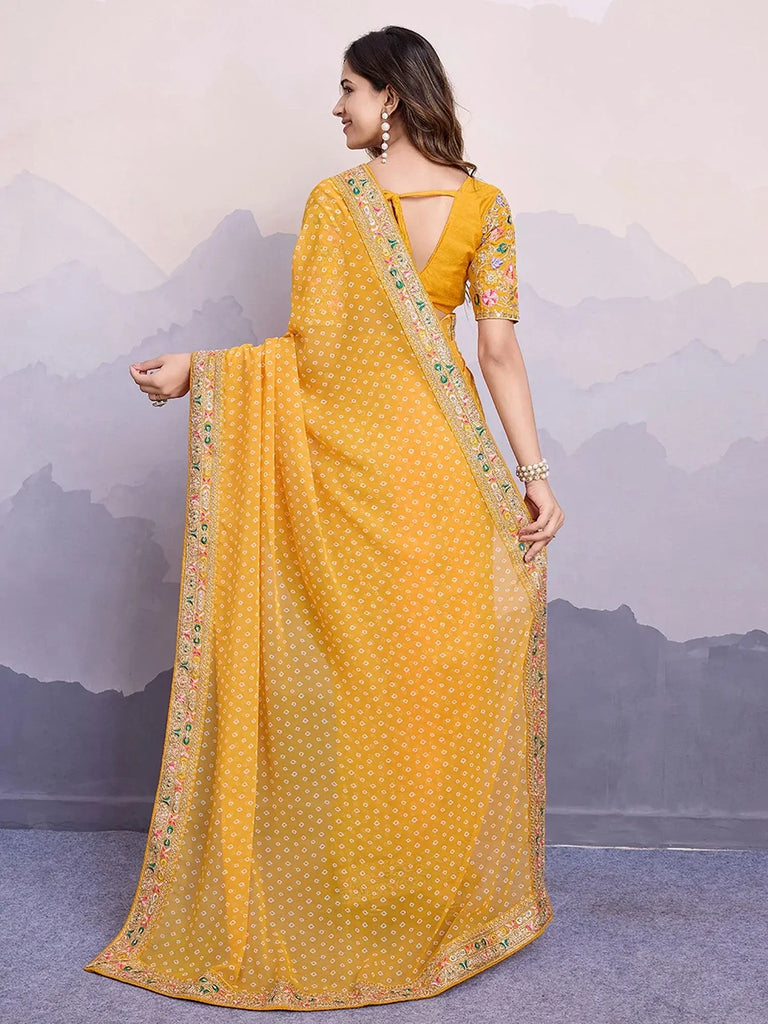 Chic Yellow Bandhani Printed Haldi Wear Saree With Blouse