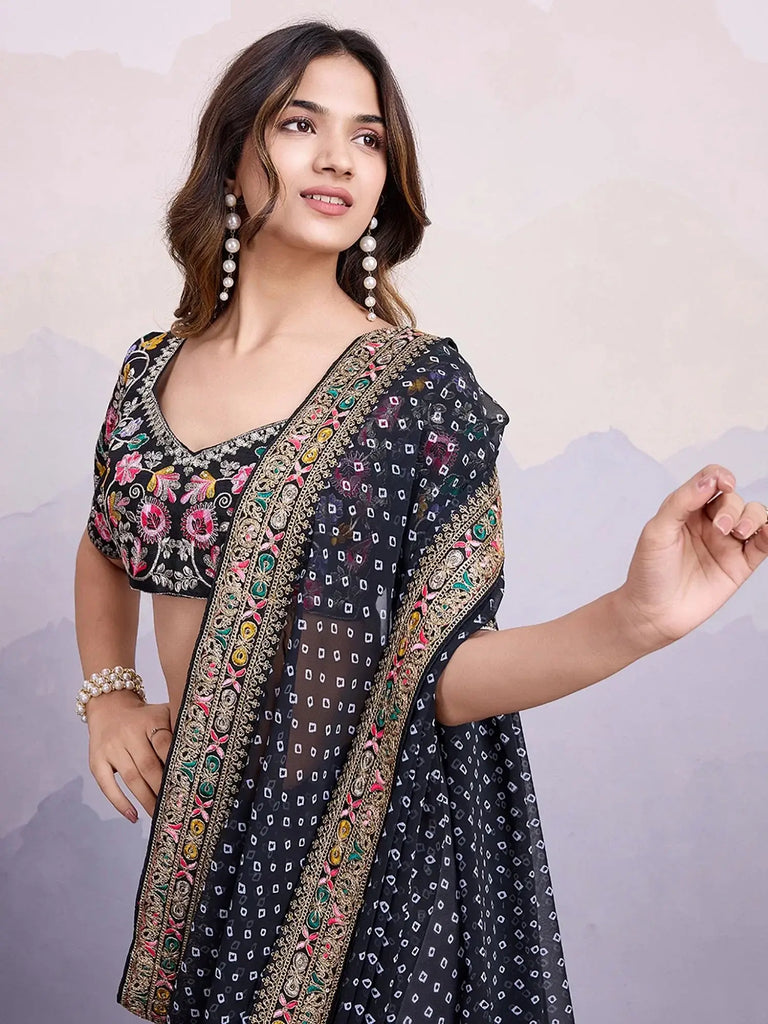 Stylish Black Georgette Party Wear Saree With Blouse