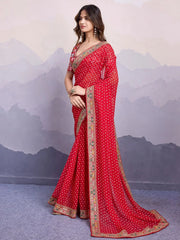 Delicate Red Embroidered Wedding Wear Saree With Blouse