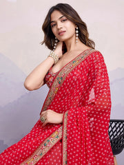 Delicate Red Embroidered Wedding Wear Saree With Blouse