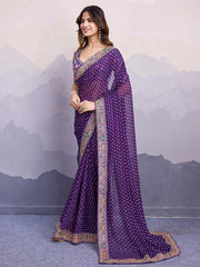 Attractive Purple Georgette Reception Wear Saree With Blouse