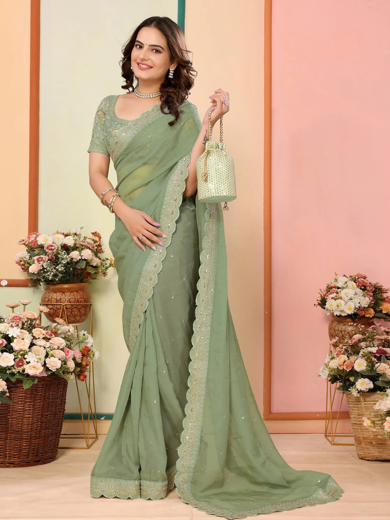 Gorgeous Pista Green Embroidered Event Wear Saree With Blouse