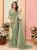 Gorgeous Pista Green Embroidered Event Wear Saree With Blouse