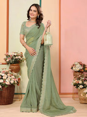 Gorgeous Pista Green Embroidered Event Wear Saree With Blouse