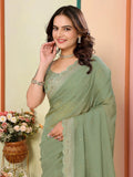 Gorgeous Pista Green Embroidered Event Wear Saree With Blouse