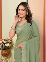 Gorgeous Pista Green Embroidered Event Wear Saree With Blouse