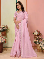 Beautiful Baby Pink Organza Sequins Party Wear Saree With Blouse