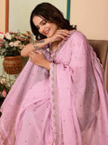 Beautiful Baby Pink Organza Sequins Party Wear Saree With Blouse