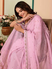Beautiful Baby Pink Organza Sequins Party Wear Saree With Blouse