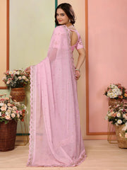 Beautiful Baby Pink Organza Sequins Party Wear Saree With Blouse