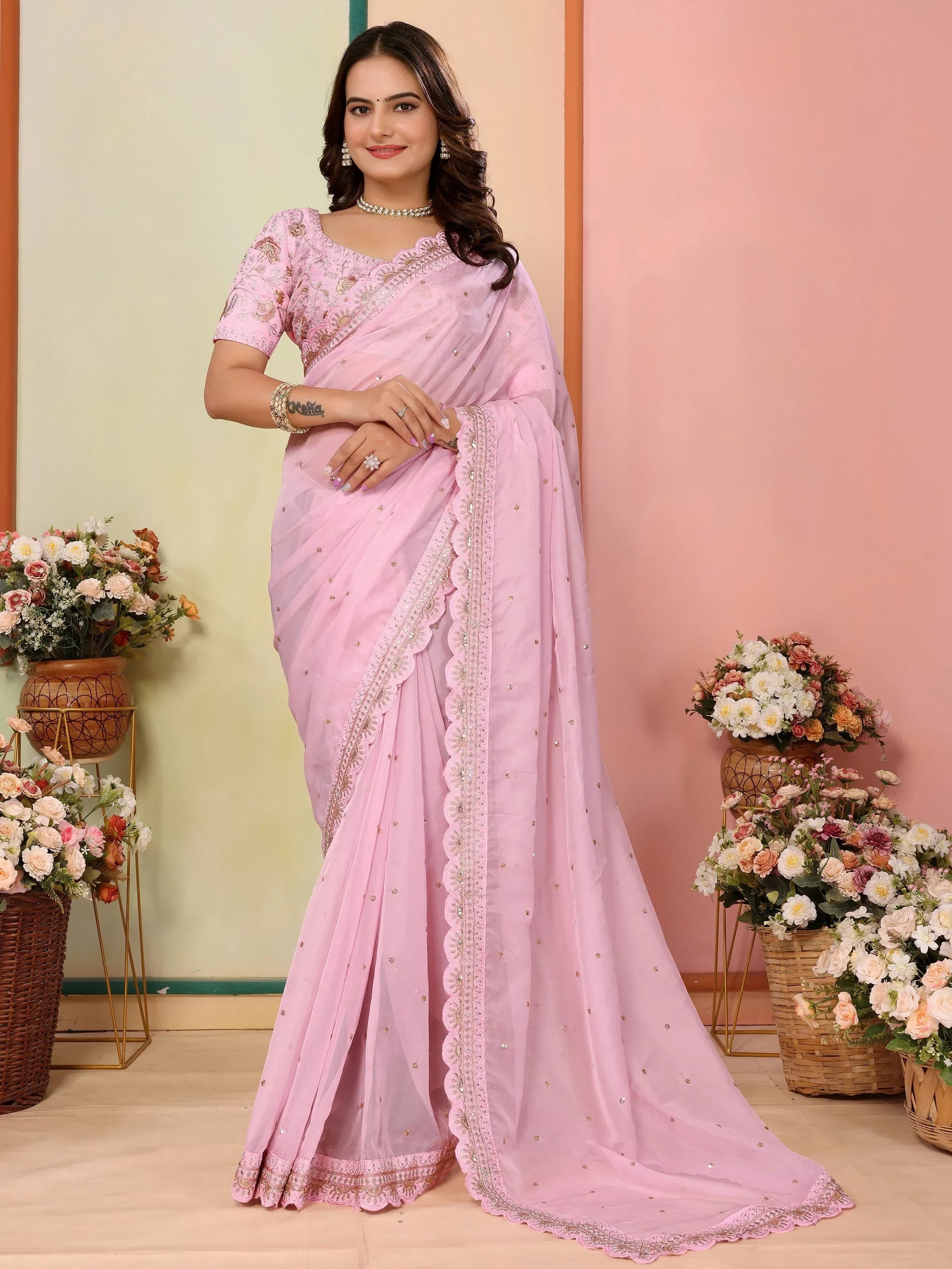 Beautiful Baby Pink Organza Sequins Party Wear Saree With Blouse