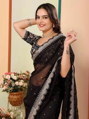 Mesmerizing Black Zari Embroidered Organza Saree With Blouse