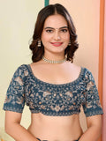 Stunning Blue Organza Zari Embroidered Traditional Saree With Blouse