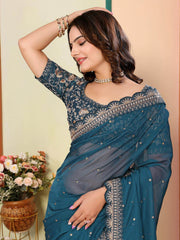 Stunning Blue Organza Zari Embroidered Traditional Saree With Blouse