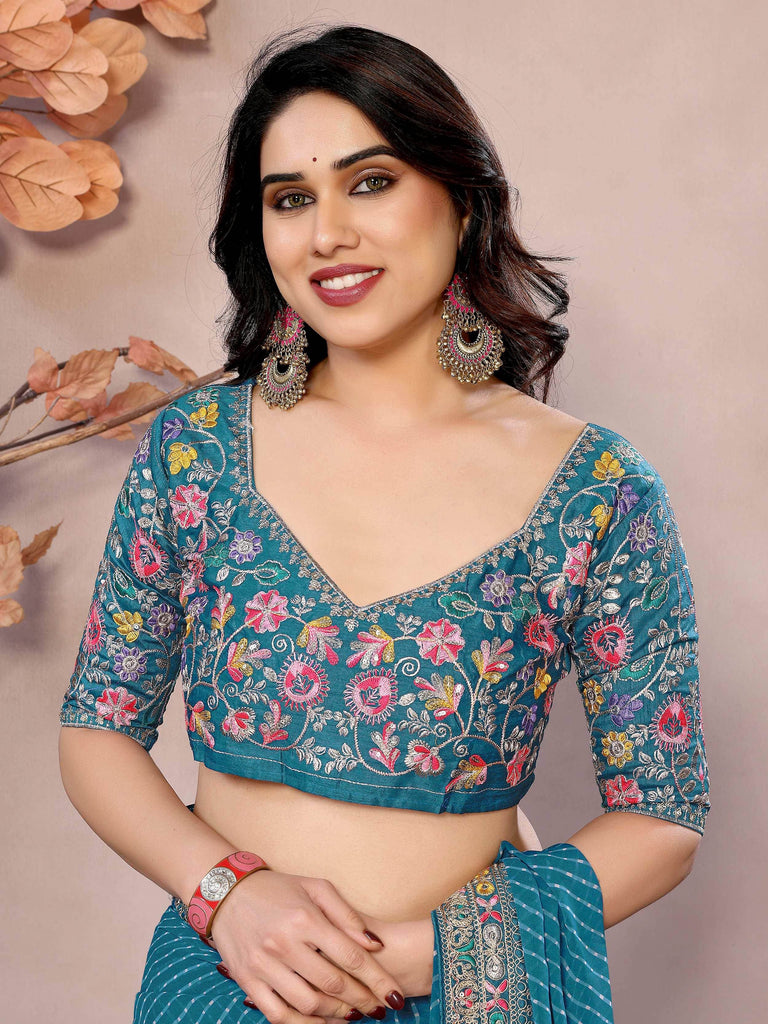 Gorgeous Teal Blue Traditional Leheriya Printed Saree With Blouse