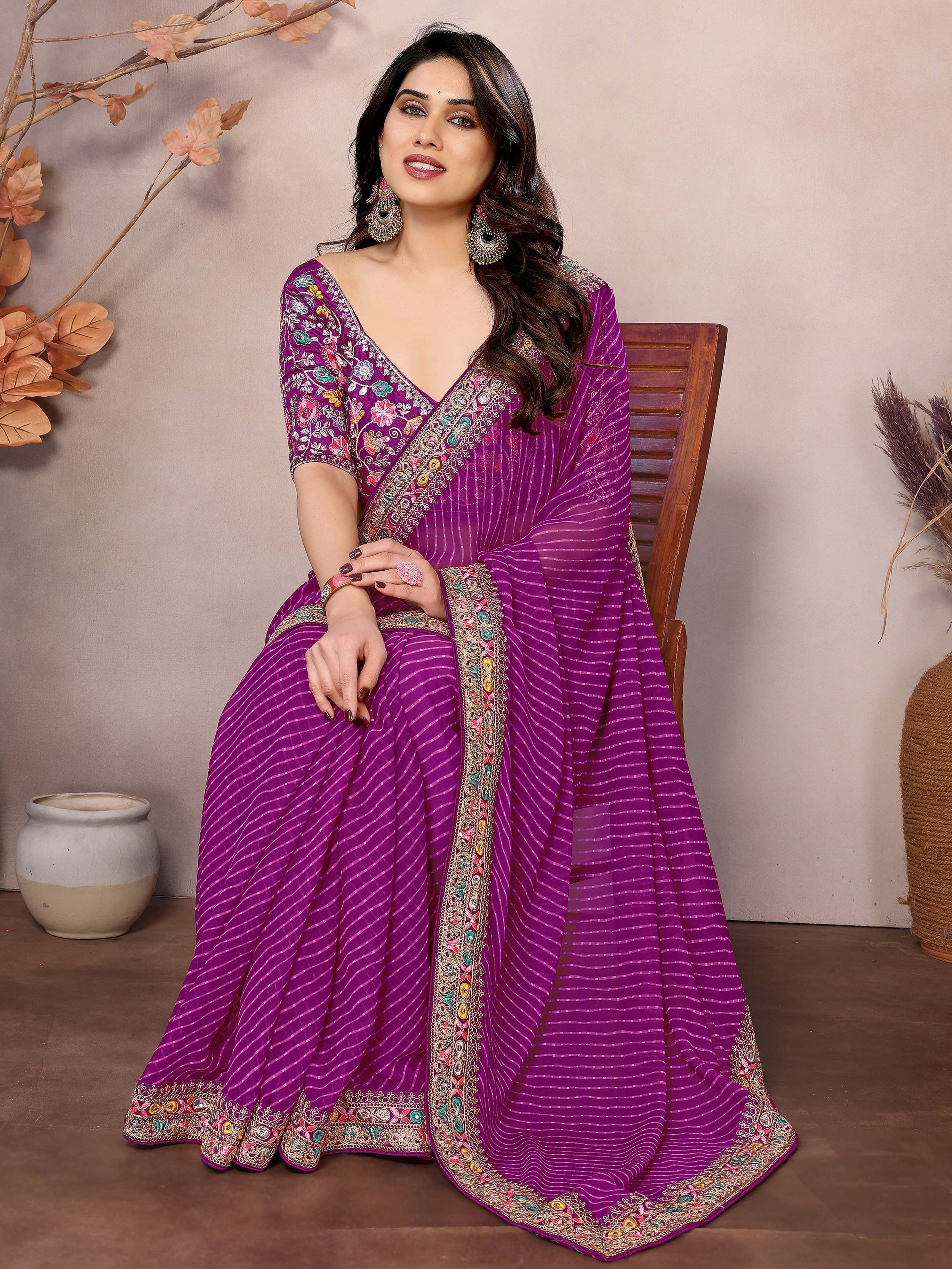 Alluring Purple Zari Embroidered Georgette Saree With Blouse
