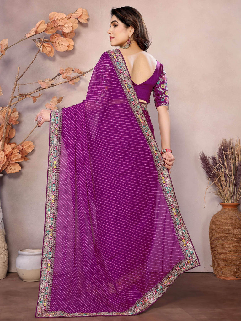 Alluring Purple Zari Embroidered Georgette Saree With Blouse