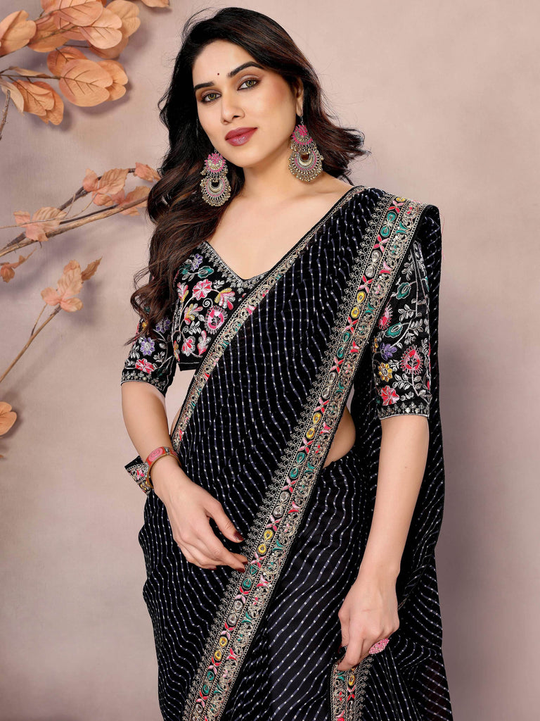 Stylish Black Leheriya Print Party Wear Saree With Blouse