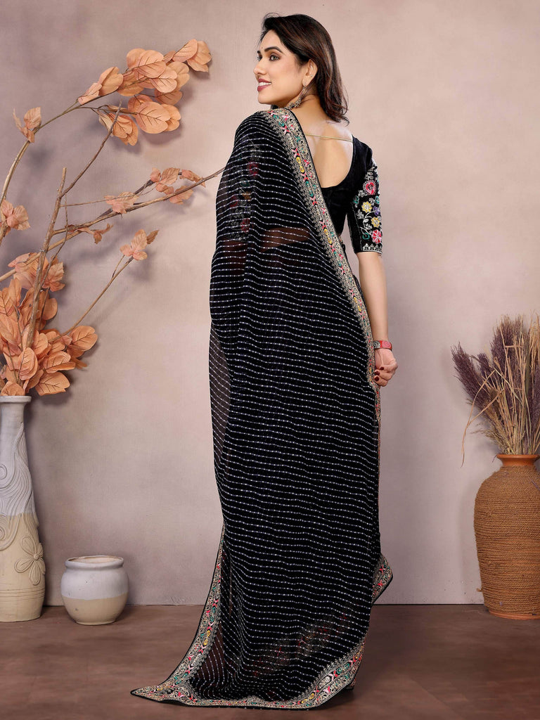 Stylish Black Leheriya Print Party Wear Saree With Blouse