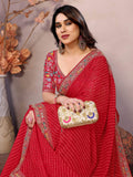 Classy Red Georgette Zari Embroidered Event Wear Saree With Blouse