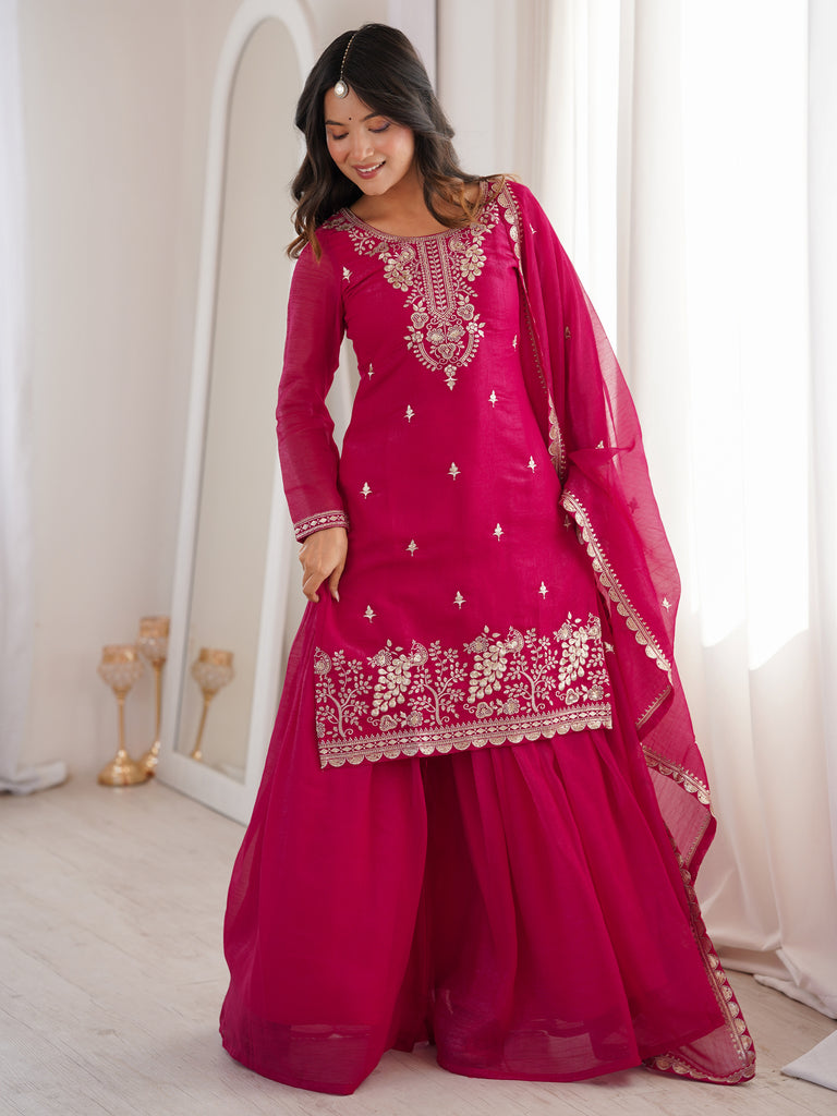 Pretty Hot Pink Embroidered Silk Engagement Wear Sharara Suit