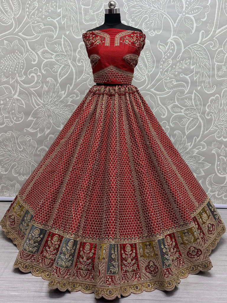 Stunning Red Multi-Thread Work Silk Bridal Wear Lehenga Choli