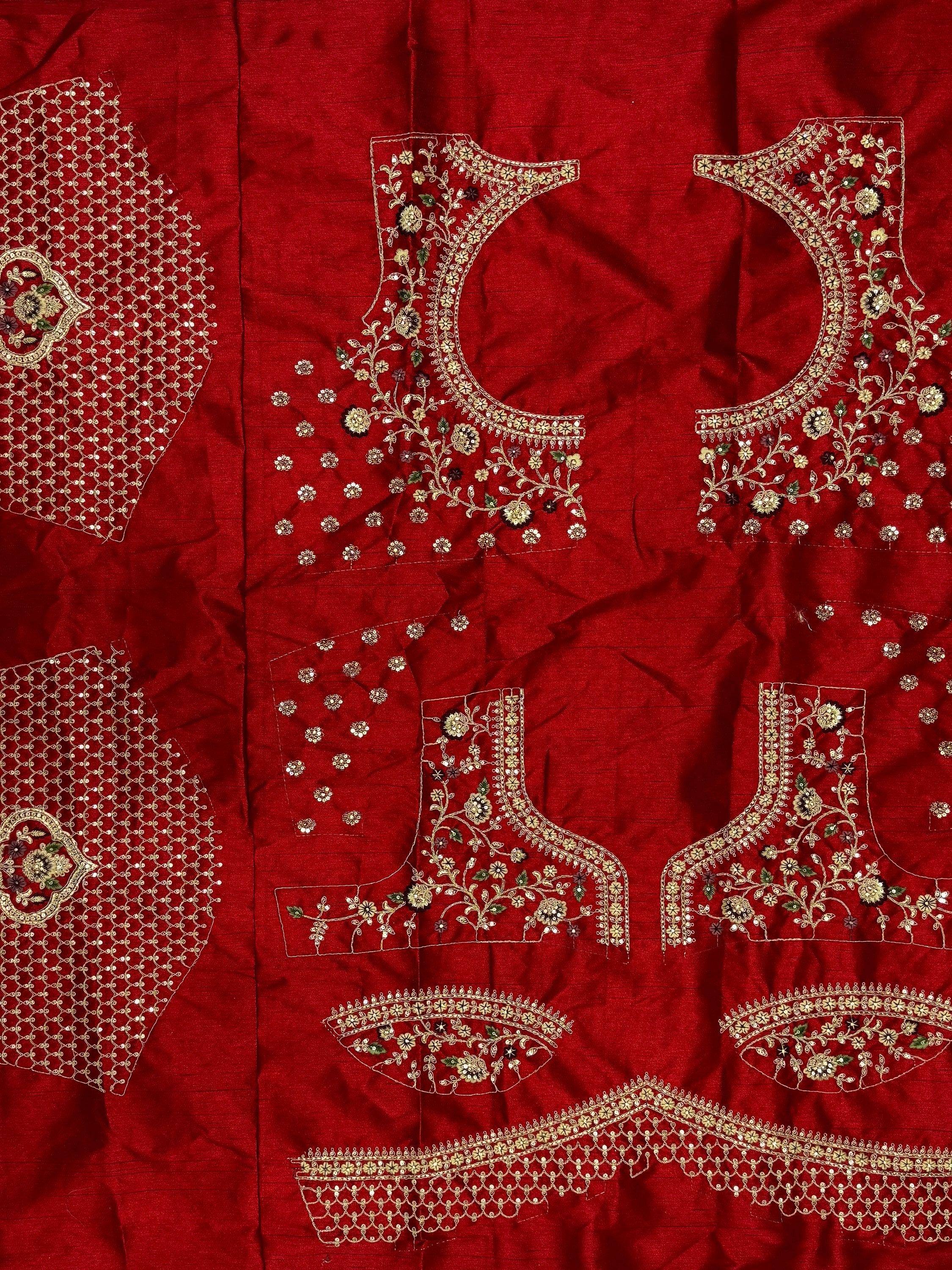 Red ethnic wear fabric with floral embroidery and mirror work for lehenga choli or saree
