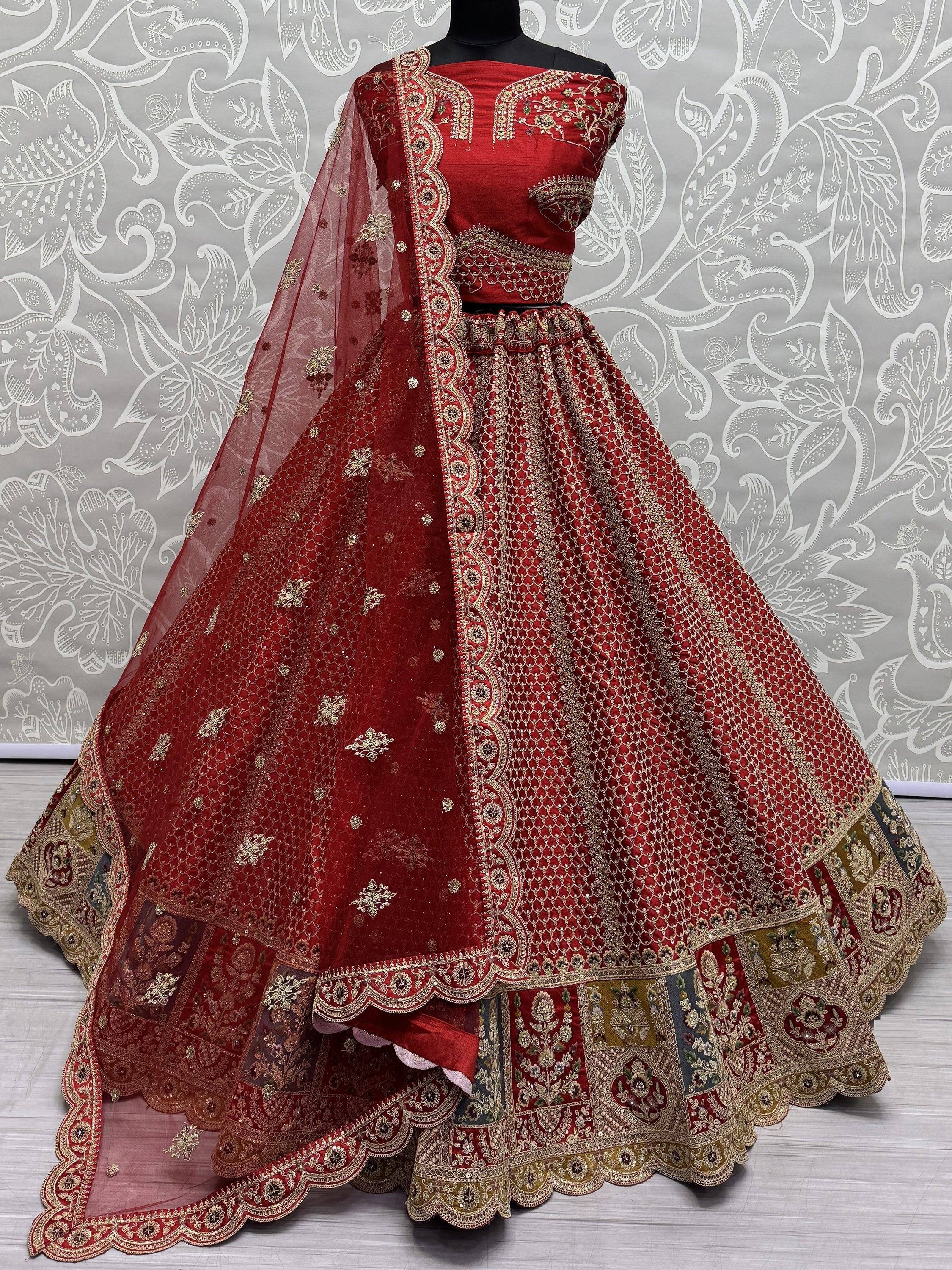 Red designer lehenga choli with gold embroidery and net dupatta, Indian ethnic wear