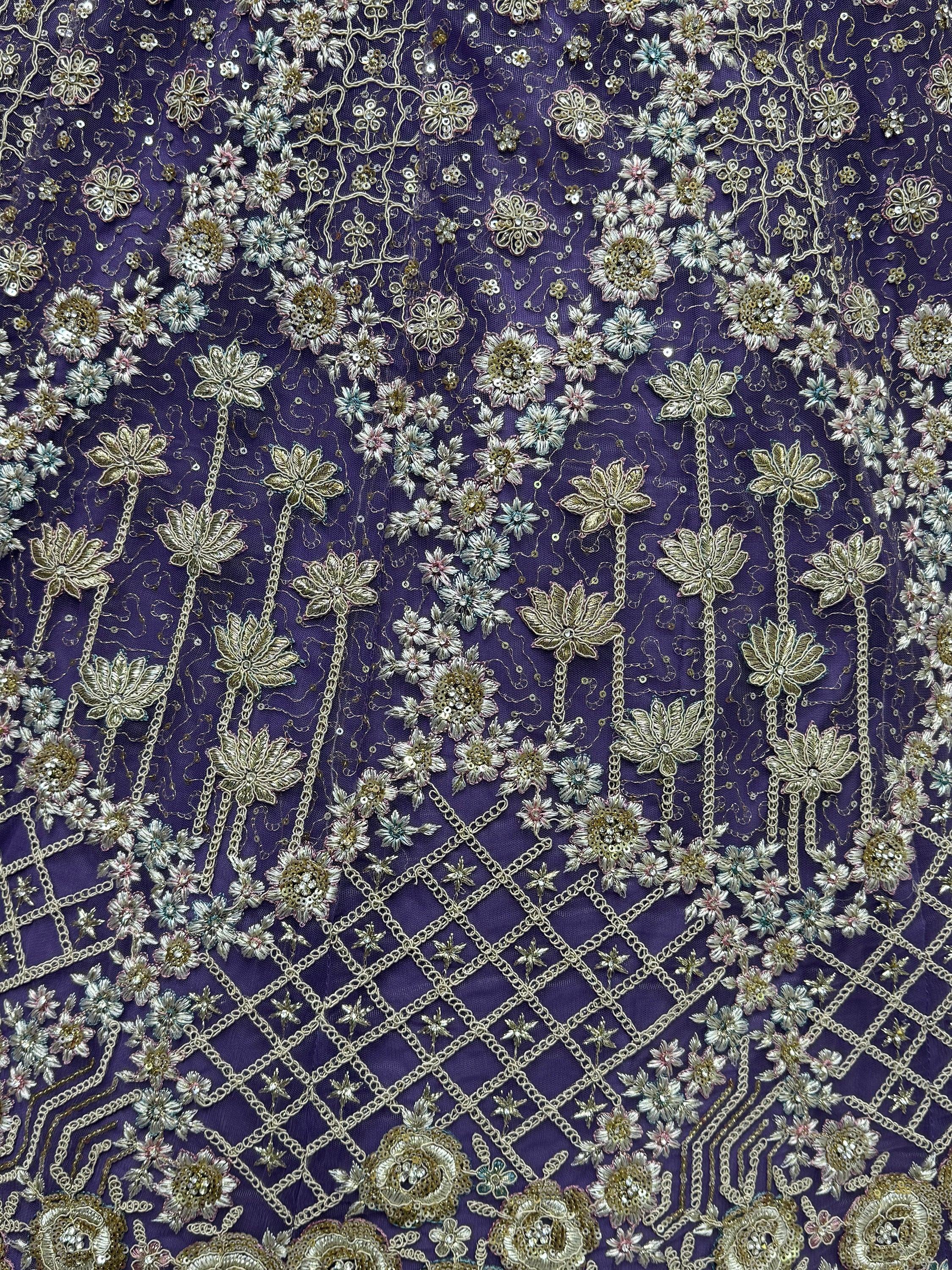 Alluring Purple Thread Embroidered Net Wedding Lehenga Choli