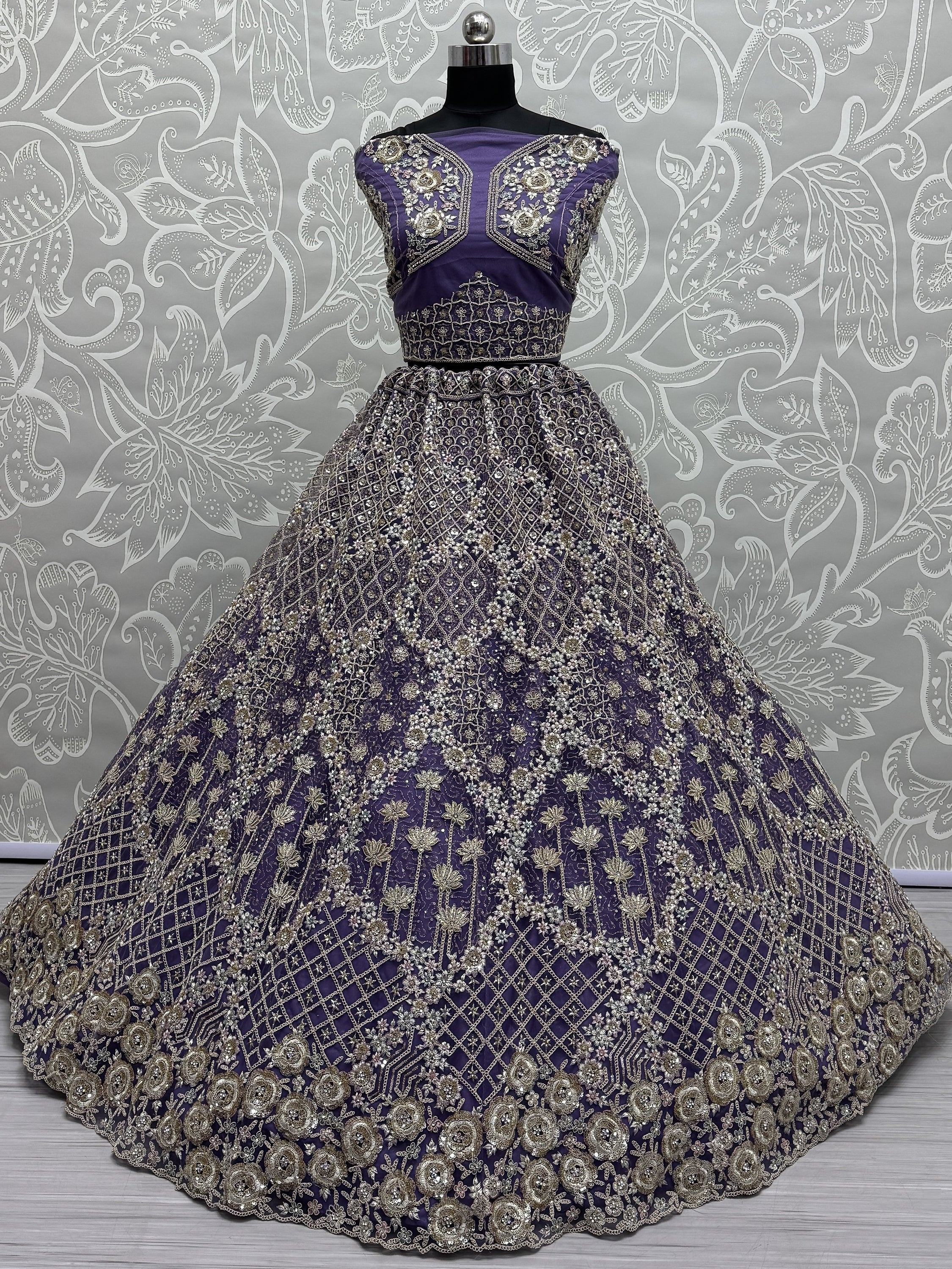 Alluring Purple Thread Embroidered Net Wedding Lehenga Choli