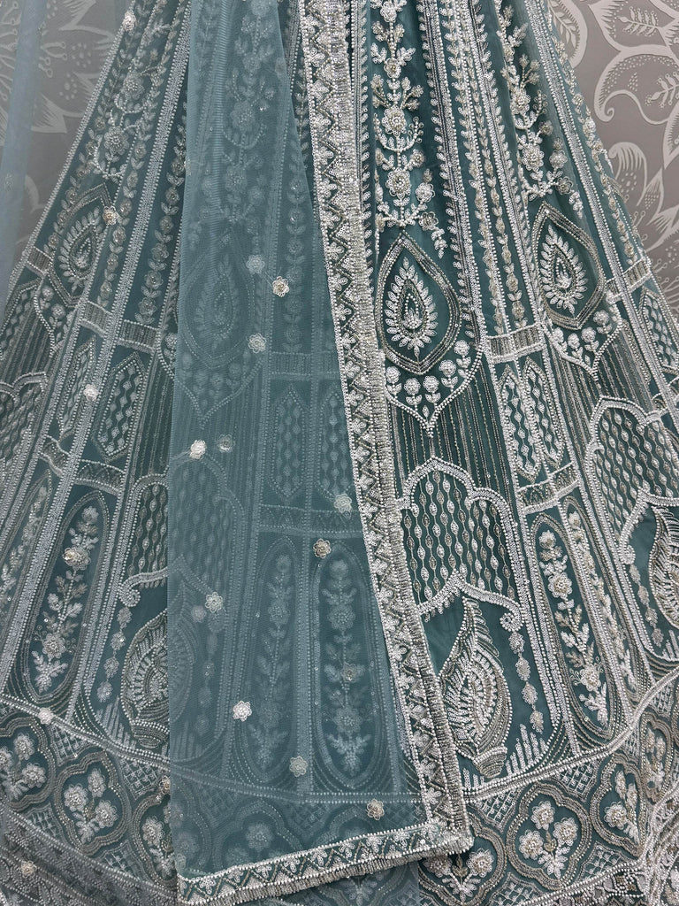 Charming Sky-Blue Pearl Work Net Bridesmaid Lehenga Choli With Dupatta