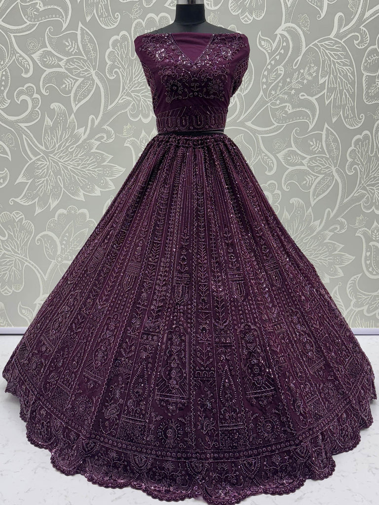 Glamorous Purple Thread Work Net Bridesmaid Lehenga Choli With Dupatta