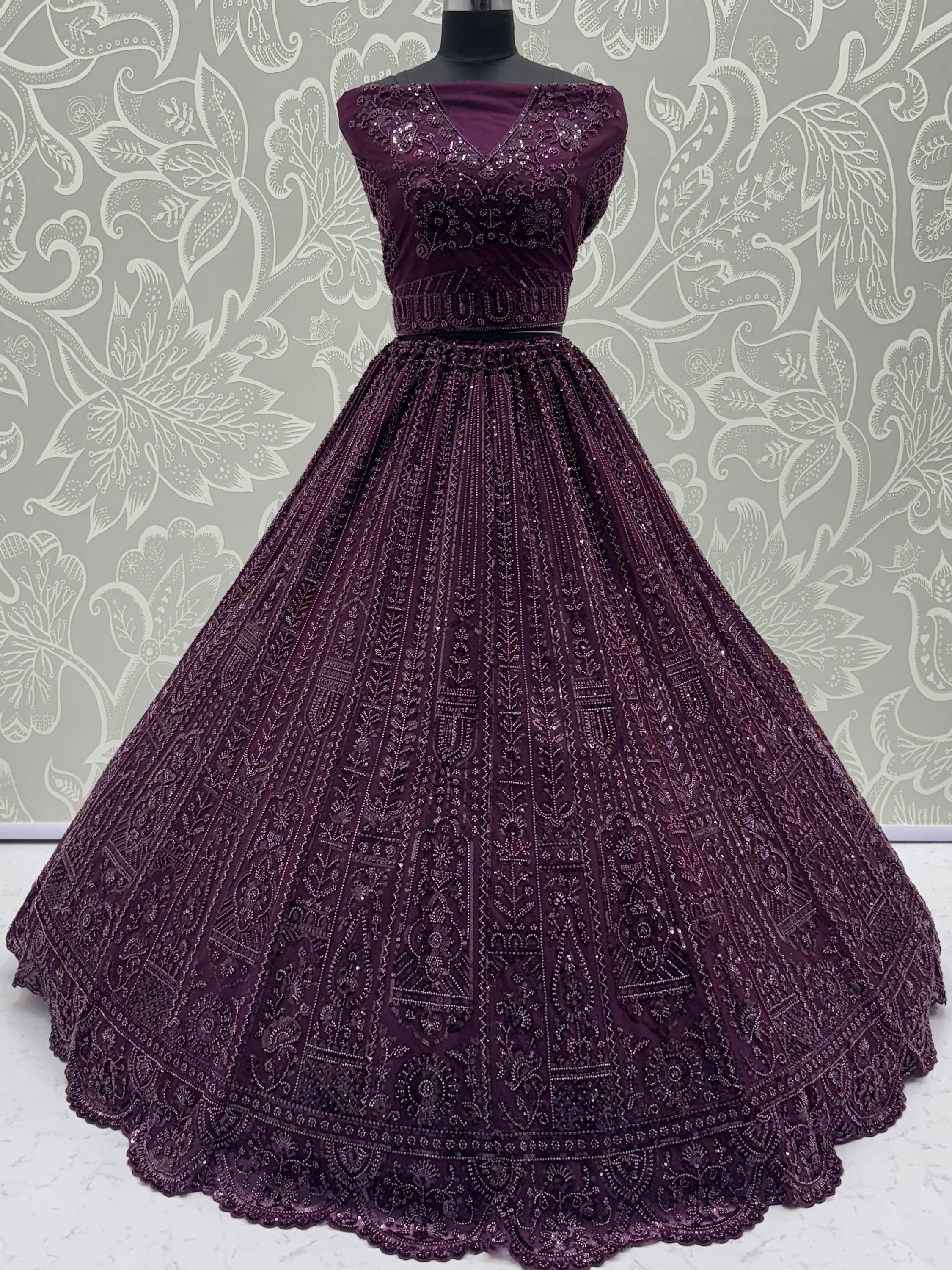 Glamorous Purple Thread Work Net Bridesmaid Lehenga Choli With Dupatta