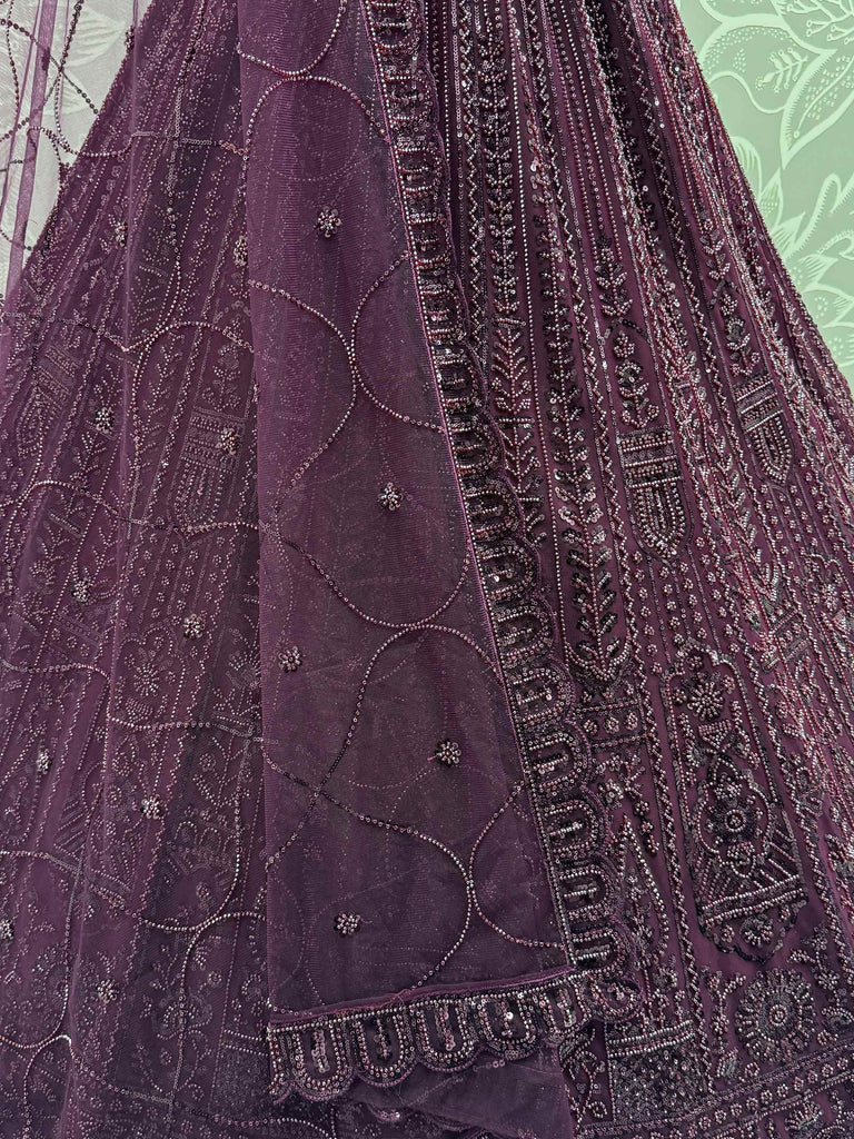 Glamorous Purple Thread Work Net Bridesmaid Lehenga Choli With Dupatta