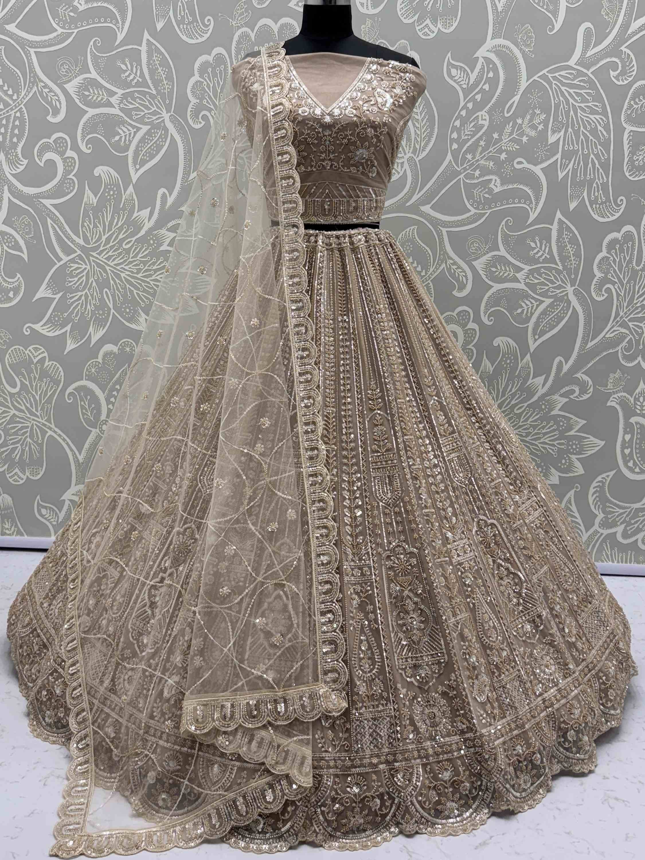 Beige designer lehenga choli with heavy embroidery and dupatta, Indian ethnic wear